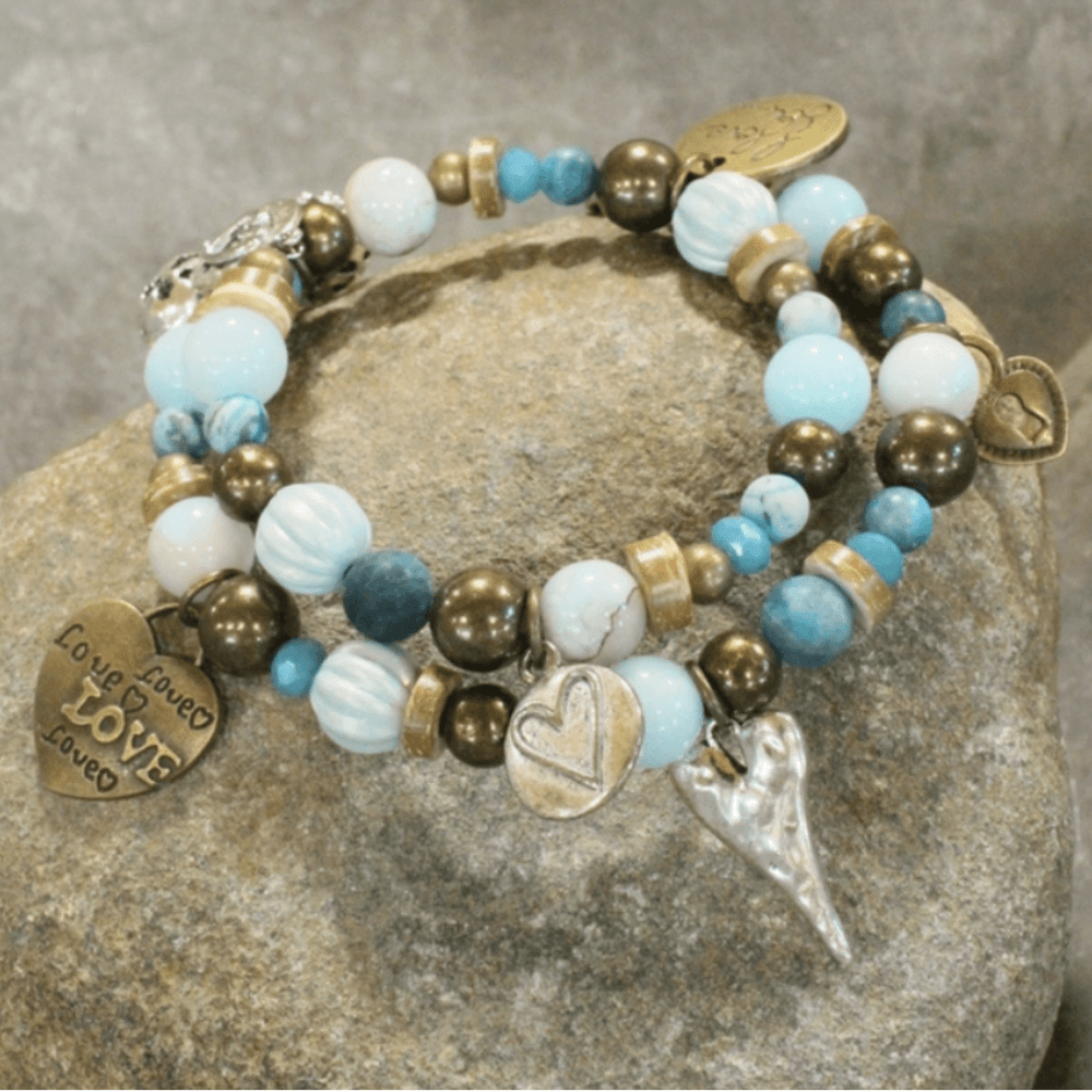 Natural Stone Jewelry Designed and Made in USA, Unique One-of-a-kind Vintage Inspired Loads of Love Heart Pendants Light Aquamarine Layered Wrap Bracelet