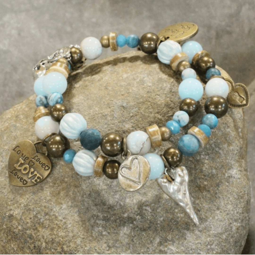 Natural Stone Jewelry Designed and Made in USA, Unique One-of-a-kind Vintage Inspired Loads of Love Heart Pendants Light Aquamarine Layered Wrap Bracelet