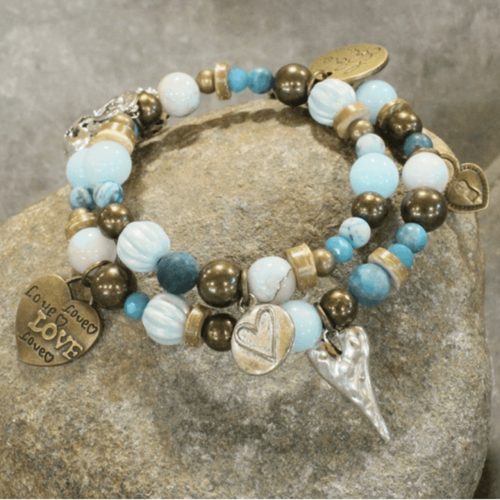 Natural Stone Jewelry Designed and Made in USA, Unique One-of-a-kind Vintage Inspired Loads of Love Heart Pendants Light Aquamarine Layered Wrap Bracelet