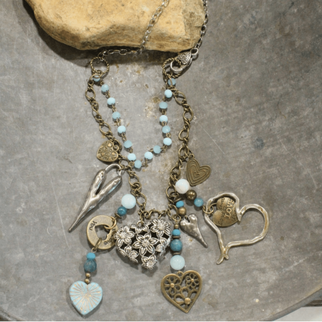 Natural Stone Jewelry Designed and Made in USA, Unique One-of-a-kind Vintage Inspired Heart Pendants Light Aquamarine Double Layered Statement Necklace 