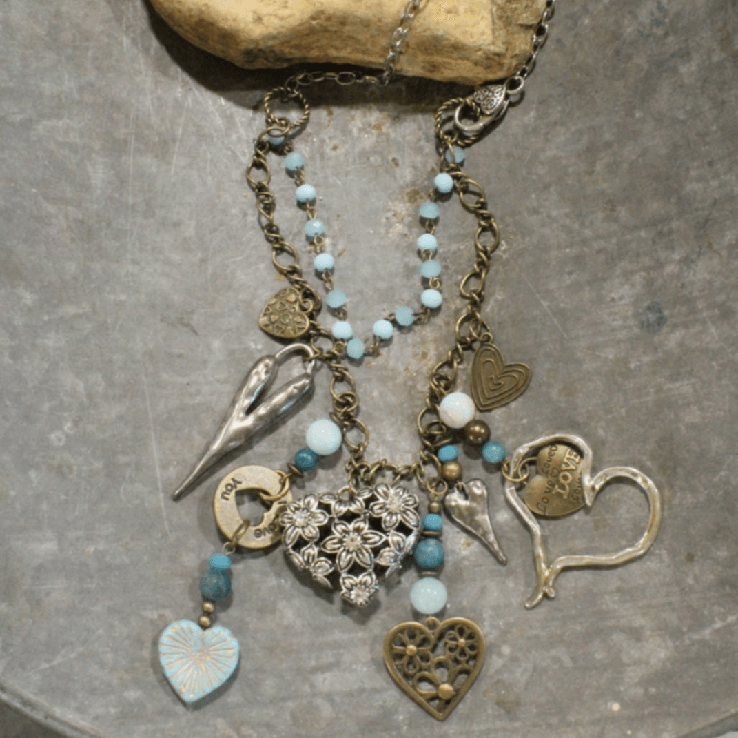 Natural Stone Jewelry Designed and Made in USA, Unique One-of-a-kind Vintage Inspired Heart Pendants Light Aquamarine Double Layered Statement Necklace 