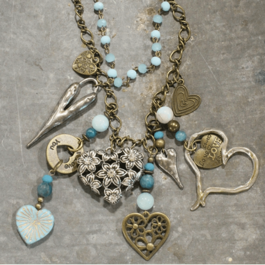 Natural Stone Jewelry Designed and Made in USA, Unique One-of-a-kind Vintage Inspired Heart Pendants Light Aquamarine Double Layered Statement Necklace 