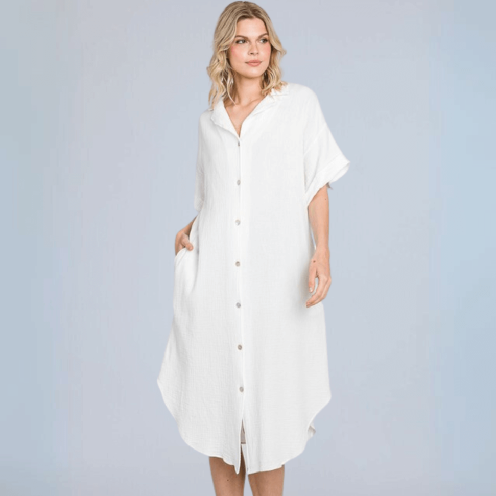 USA Made Women's Soft Garment Washed Gauze Off White Oversized Cotton Button Down Shirt Dress with Short Sleeves & Side Pockets | Classy Cozy Cool Made in America Boutique