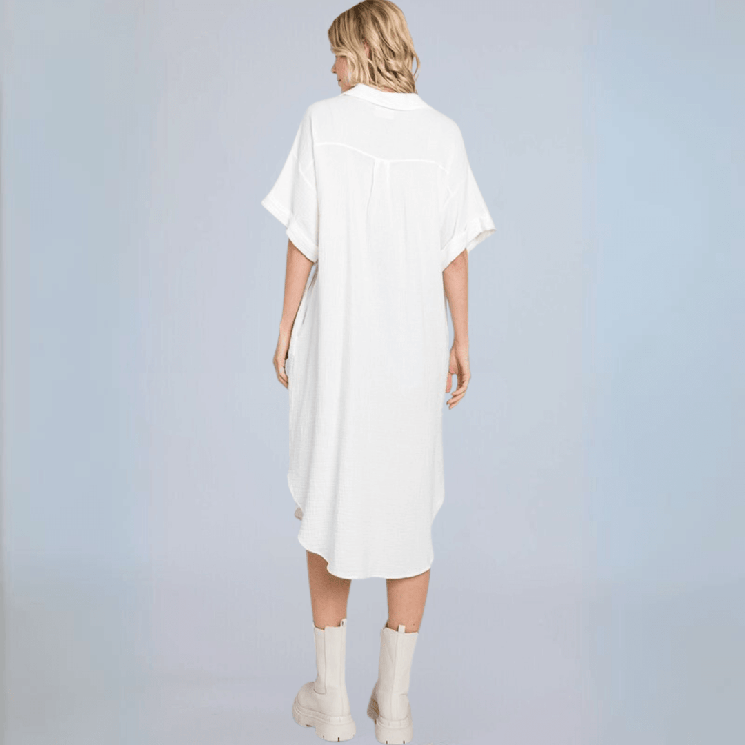 USA Made Women's Soft Garment Washed Gauze Off White Oversized Cotton Button Down Shirt Dress with Short Sleeves & Side Pockets | Classy Cozy Cool Made in America Boutique