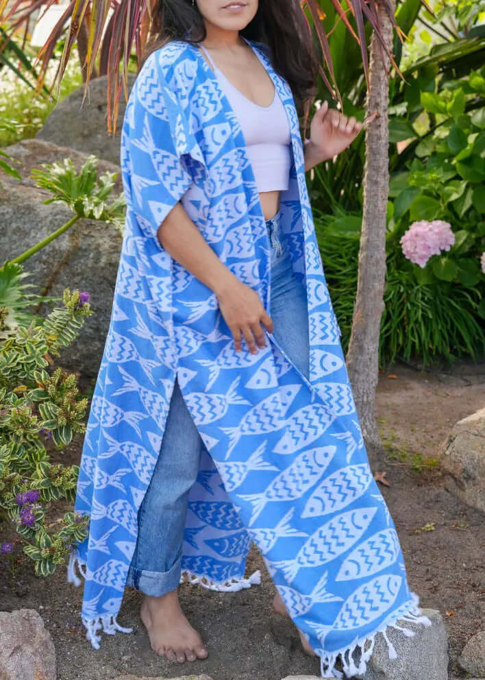 Shop the Beachables Long Length Cover Up — handcrafted in the USA from soft Turkish Cotton. Calf-to-ankle length, tassel hem, vibrant stripes. Perfect for beach, resort &amp; vacation.