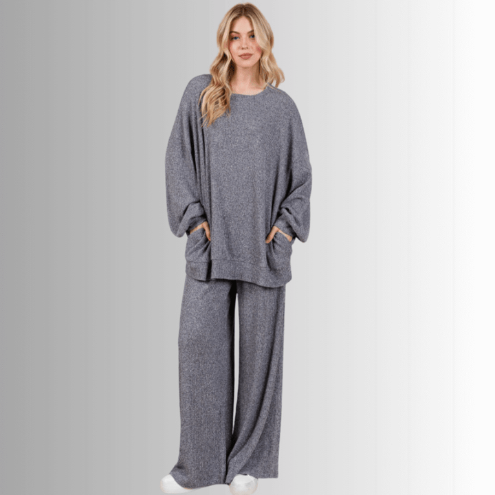 Made in USA Women's Solid Knit Cozy Lounge Top and Bottom Set , Oversize top and extra wide leg pants, Super comfy | Classy Cozy Cool Made in America Boutique