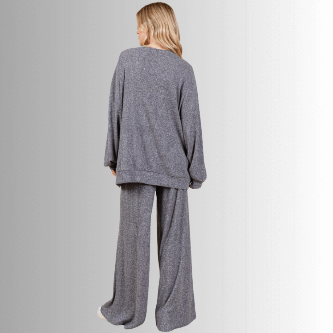 Made in USA Women's Solid Knit Cozy Lounge Top and Bottom Set , Oversize top and extra wide leg pants, Super comfy | Classy Cozy Cool Made in America Boutique