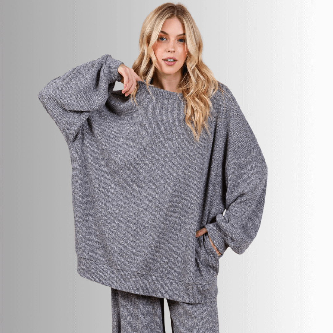 Made in USA Women's Solid Knit Cozy Lounge Top and Bottom Set , Oversize top and extra wide leg pants, Super comfy | Classy Cozy Cool Made in America Boutique