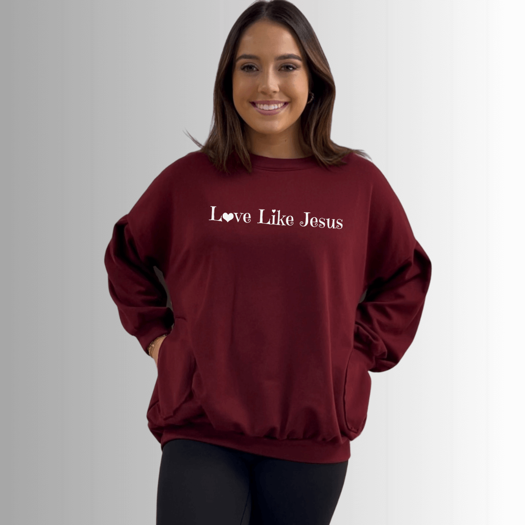 Made in USA Love Like Jesus Graphic Women's Cotton Blend French Terry Oversized Solid Knit Sweatshirt with Side Pockets, Longer Length, Medium Weight in Burgundy | Classy Cozy Cool Made in America Boutique