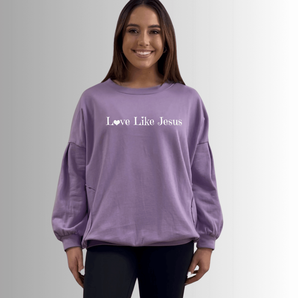 Made in USA Love Like Jesus Graphic Women's Cotton Blend French Terry Oversized Solid Knit Sweatshirt with Side Pockets, Longer Length, Medium Weight in Lavender | Classy Cozy Cool Made in America Boutique