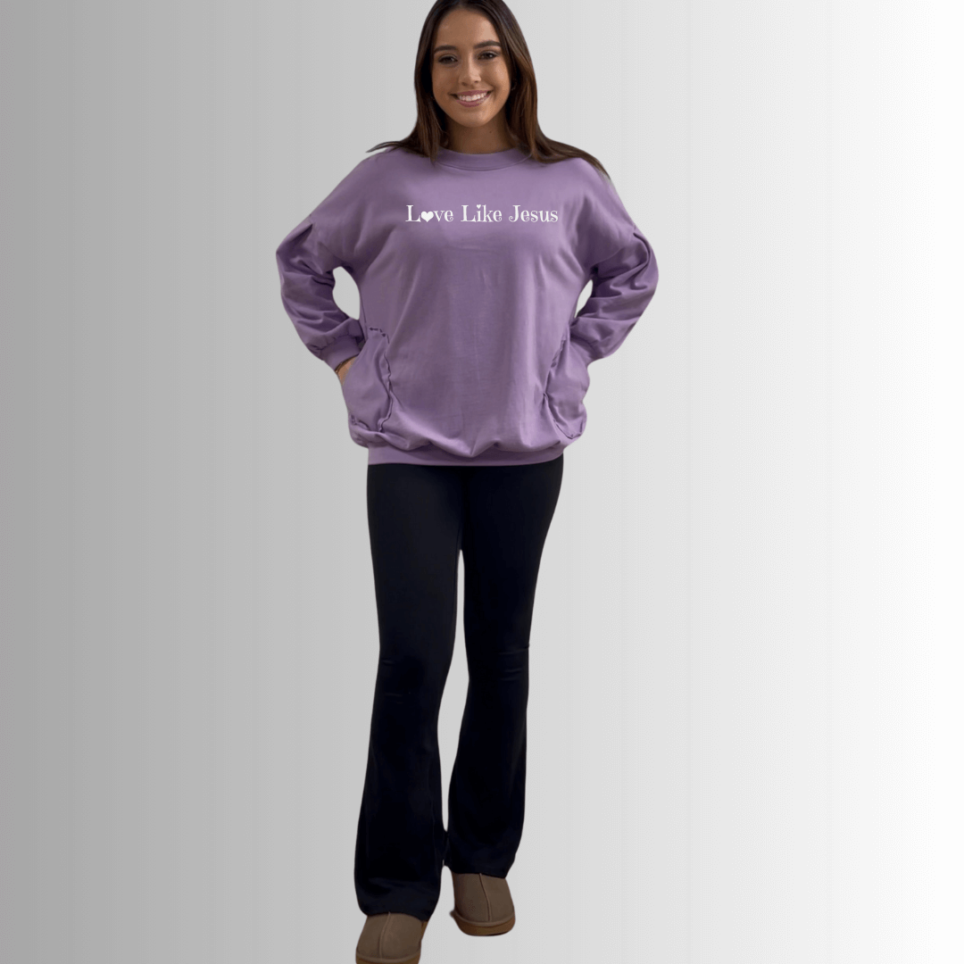 Made in USA Love Like Jesus Graphic Women's Cotton Blend French Terry Oversized Solid Knit Sweatshirt with Side Pockets, Longer Length, Medium Weight in Lavender | Classy Cozy Cool Made in America Boutique