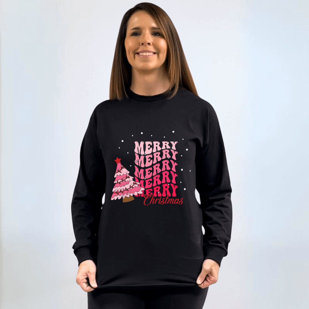 Made in USA Women's Pink Christmas Tree Graphic with Merry Christmas on Long Sleeve Black Tee, 100% Cotton | Classy Cozy Cool Made in America Boutique