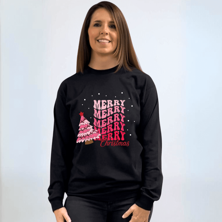 Made in USA Women's Pink Christmas Tree Graphic with Merry Christmas on Long Sleeve Black Tee, 100% Cotton | Classy Cozy Cool Made in America Boutique