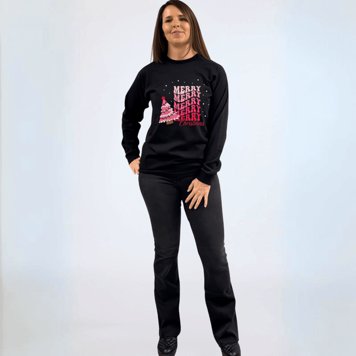 Made in USA Women's Pink Christmas Tree Graphic with Merry Christmas on Long Sleeve Black Tee, 100% Cotton | Classy Cozy Cool Made in America Boutique