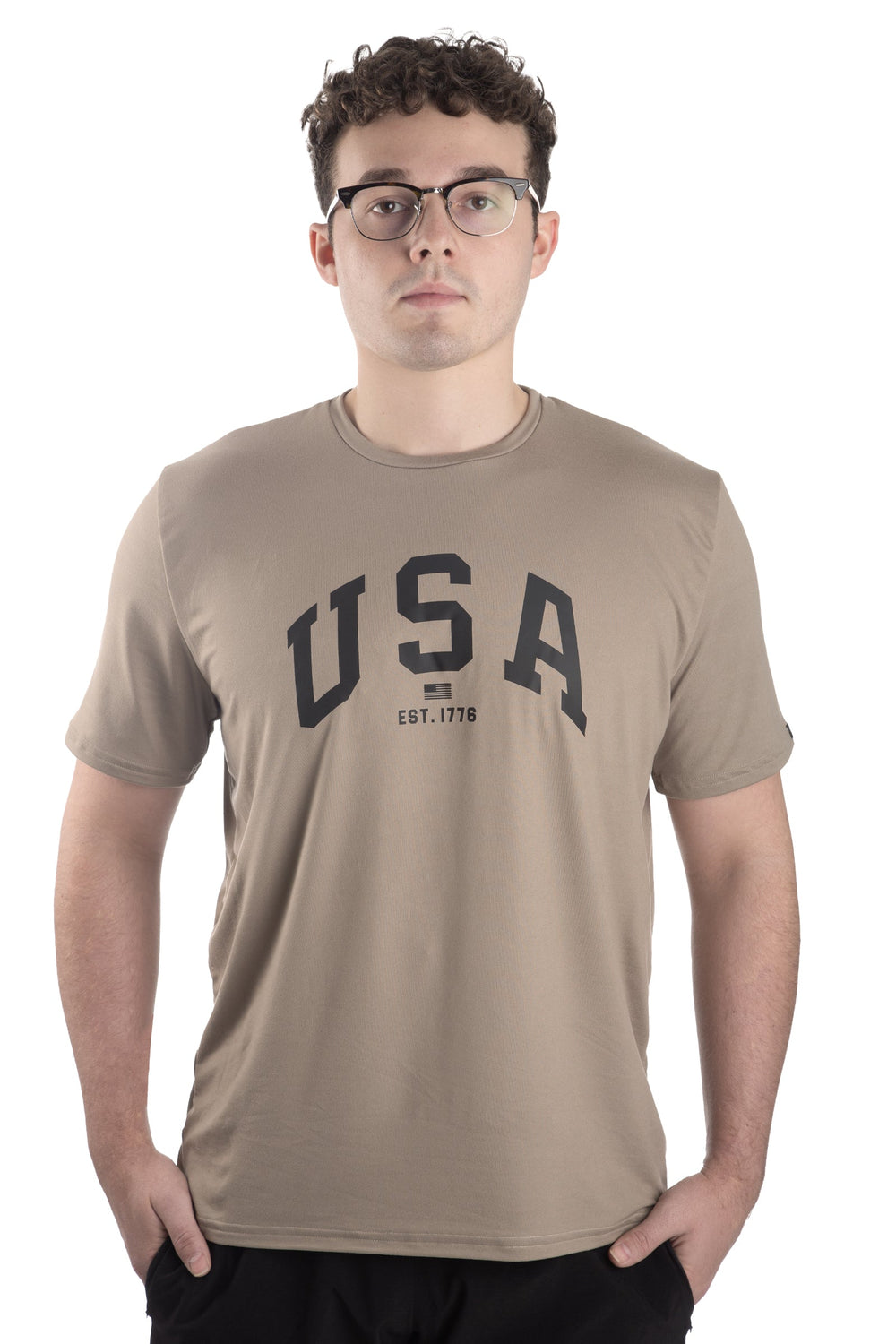 Made in USA. WSI Sportswear Men’s Patriotic USA Graphic SoftTECH™ Tee.  Lightweight, Moisture Wicking, in Dark Olive or Stone
