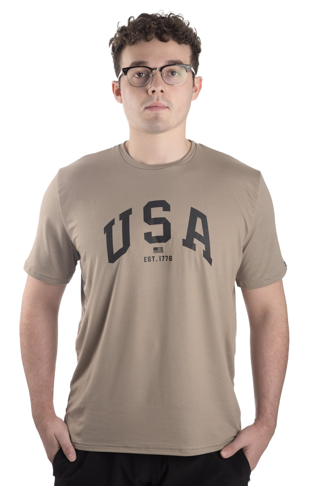 Made in USA. WSI Sportswear Men’s Patriotic USA Graphic SoftTECH™ Tee.  Lightweight, Moisture Wicking, in Dark Olive or Stone