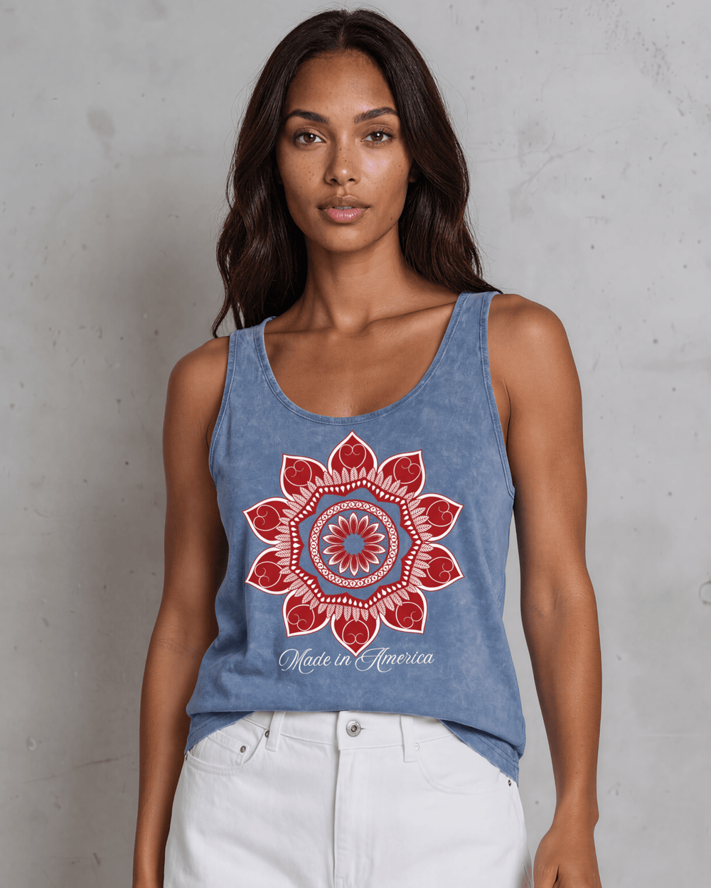 Women's red mandala flower graphic tank top, made in USA with USA-grown cotton. Light denim mineral wash, relaxed fit, soft & stretchy. Patriotic boutique style.