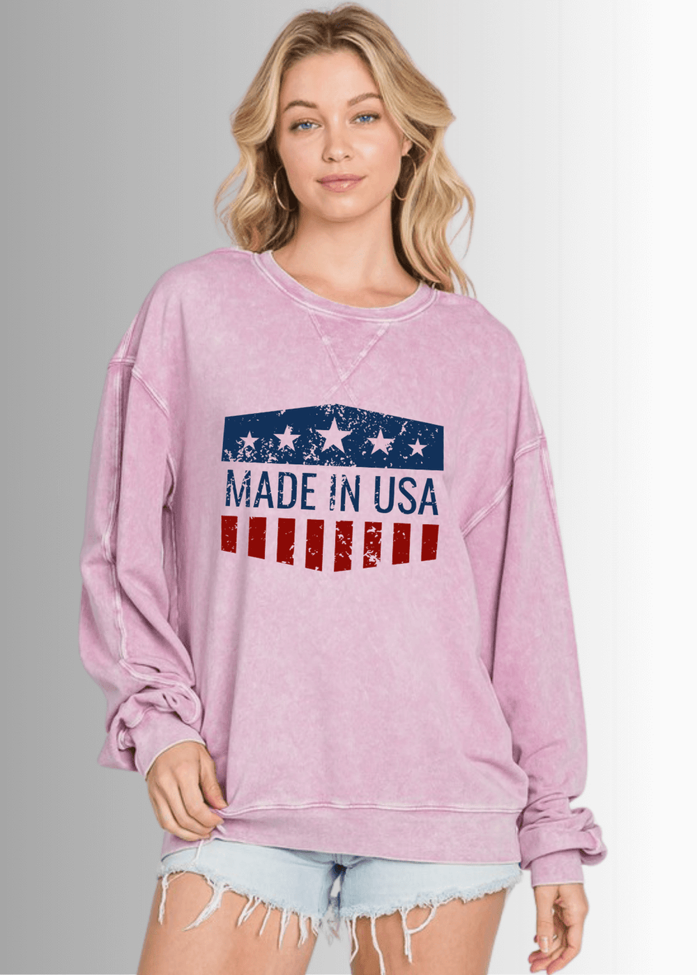 Made in USA Women' All American Oversized Cotton Mineral Washed Sweatshirt in Antique Rose Pink with Made in USA Graphic | Made with USA  Grown Cotton | Classy Cozy Cool Made in America Boutique