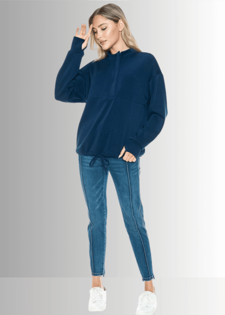 Made in USA Women's Relaxed Fit Navy Blue Dreamy Soft Quarter Zip Pullover Sweatshirt, Thumbhole Cuffs, Drawstring Waist, Soft Scuba Fabric
