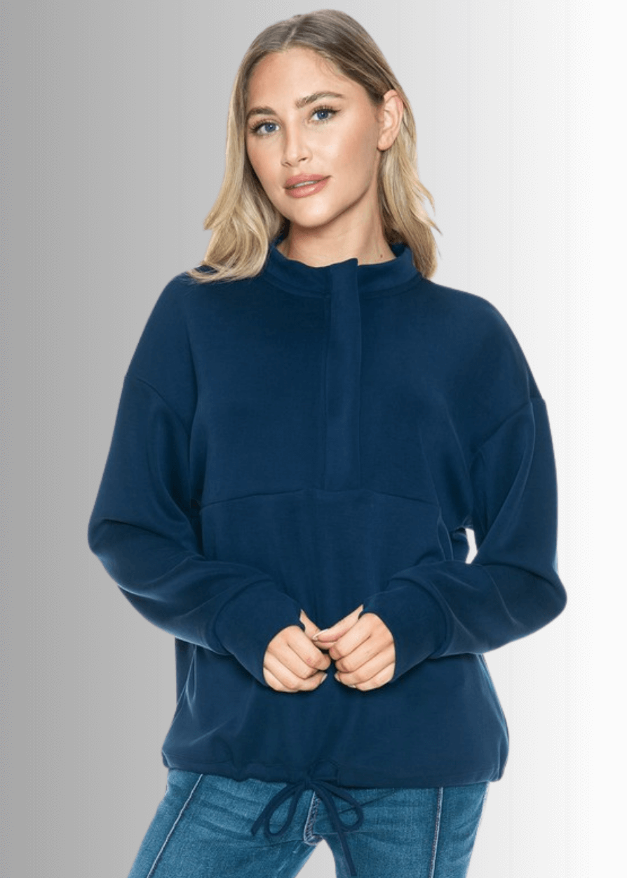 Made in USA Women's Relaxed Fit Navy Blue Dreamy Soft Quarter Zip Pullover Sweatshirt, Thumbhole Cuffs, Drawstring Waist, Soft Scuba Fabric