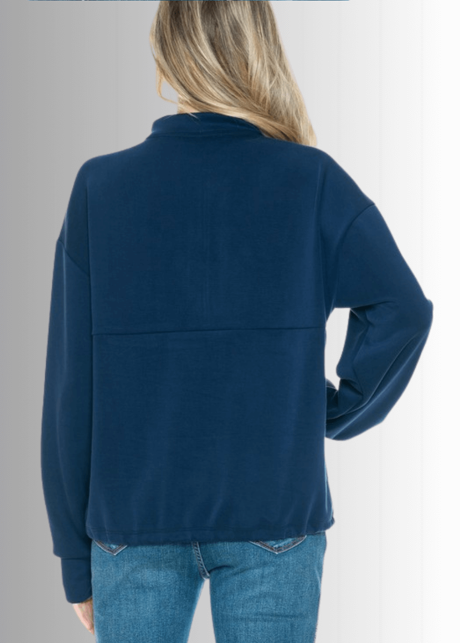 Made in USA Women's Relaxed Fit Navy Blue Dreamy Soft Quarter Zip Pullover Sweatshirt, Thumbhole Cuffs, Drawstring Waist, Soft Scuba Fabric