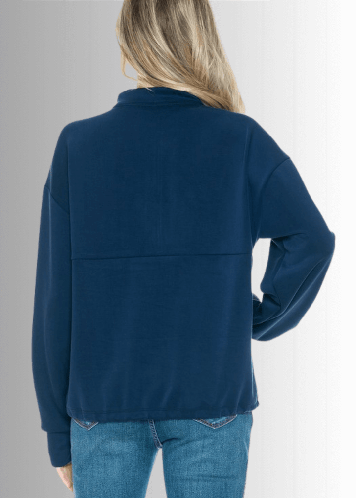 Made in USA Women's Relaxed Fit Navy Blue Dreamy Soft Quarter Zip Pullover Sweatshirt, Thumbhole Cuffs, Drawstring Waist, Soft Scuba Fabric