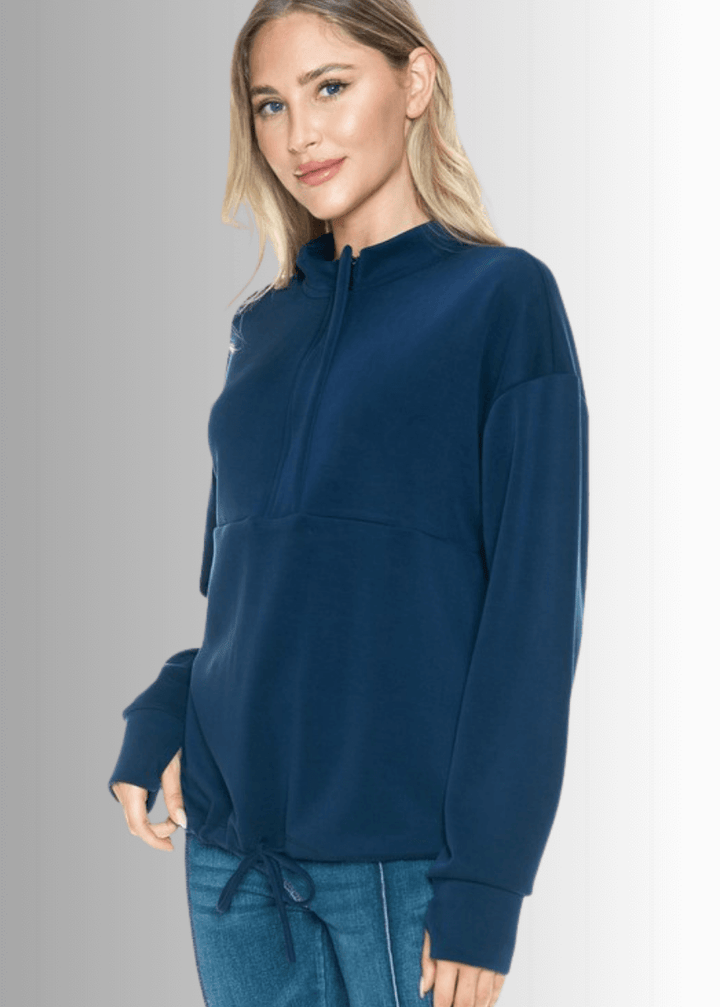 Made in USA Women's Relaxed Fit Navy Blue Dreamy Soft Quarter Zip Pullover Sweatshirt, Thumbhole Cuffs, Drawstring Waist, Soft Scuba Fabric