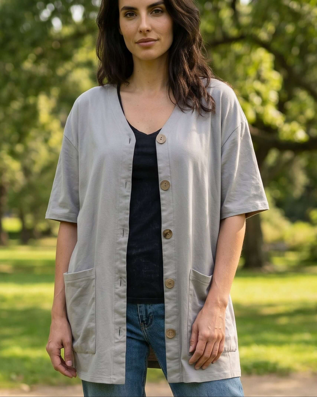 The Mary K Farm Smock — loose fit organic cotton jacket with XL pockets. USA grown, milled & sewn. Pre-shrunk, chemical free. Sizes S–XL.