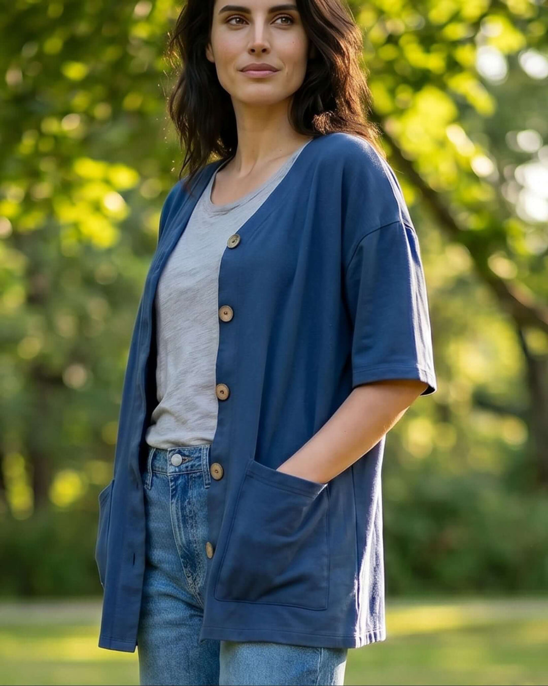 The Mary K Farm Smock — loose fit organic cotton jacket with XL pockets. USA grown, milled & sewn. Pre-shrunk, chemical free. Sizes S–XL.