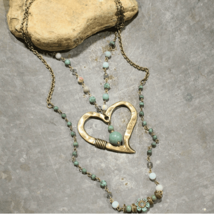 Natural Stone Jewelry Designed and Made in USA, Unique One-of-a-kind Vintage Inspired Heart Beaded Pendant Light Aquamarine & Mint Double Layered Statement Necklace 