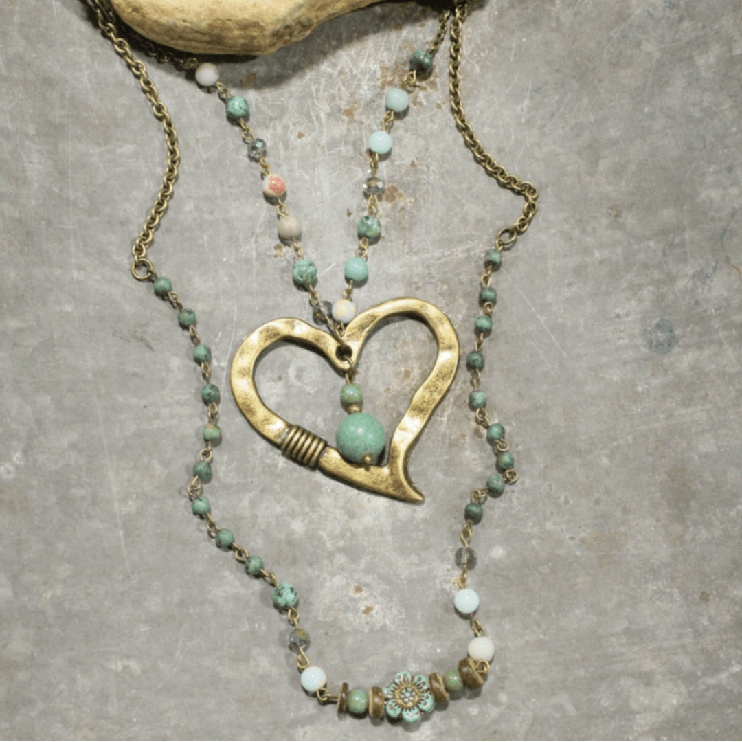 Natural Stone Jewelry Designed and Made in USA, Unique One-of-a-kind Vintage Inspired Heart Beaded Pendant Light Aquamarine & Mint Double Layered Statement Necklace 