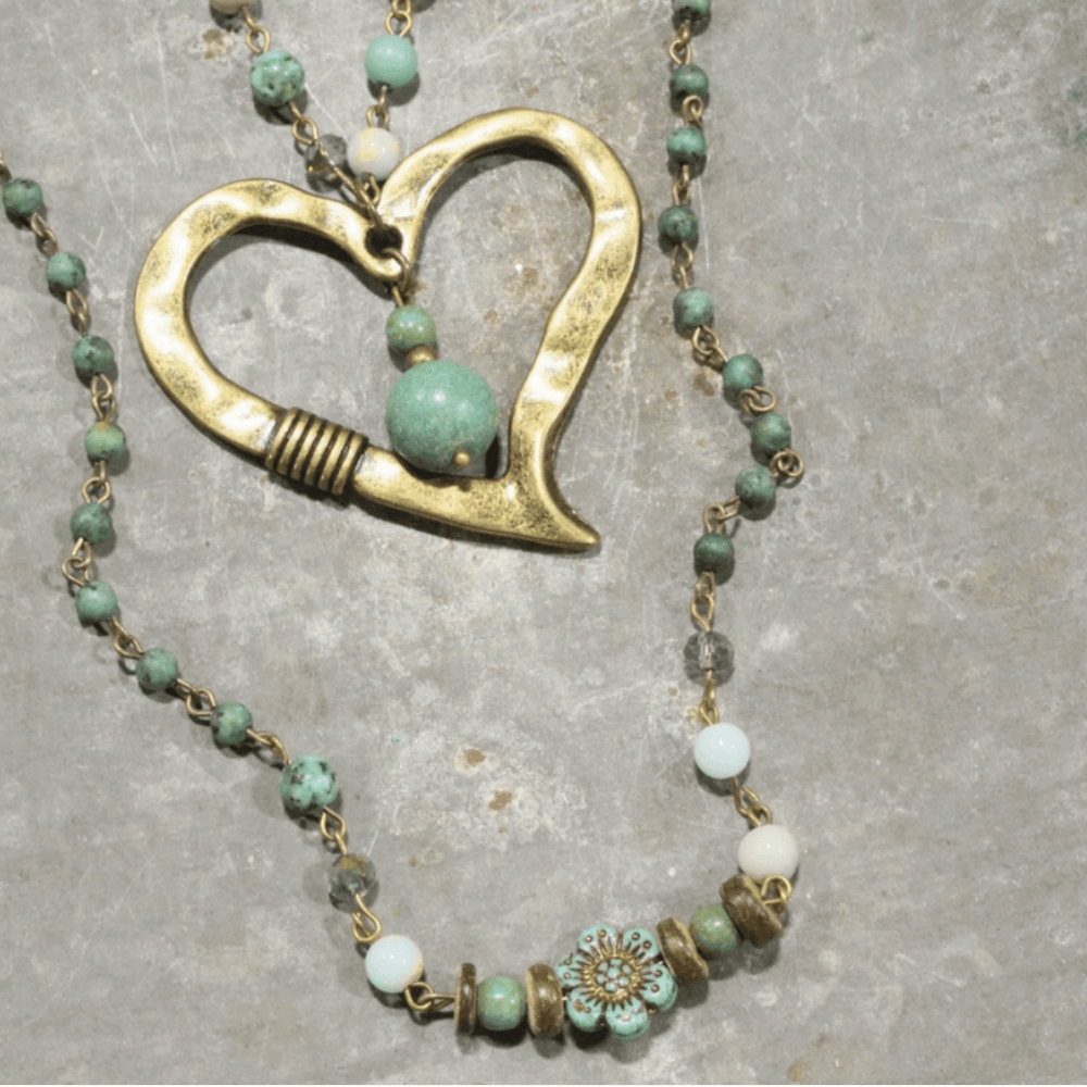 Natural Stone Jewelry Designed and Made in USA, Unique One-of-a-kind Vintage Inspired Heart Beaded Pendant Light Aquamarine & Mint Double Layered Statement Necklace 