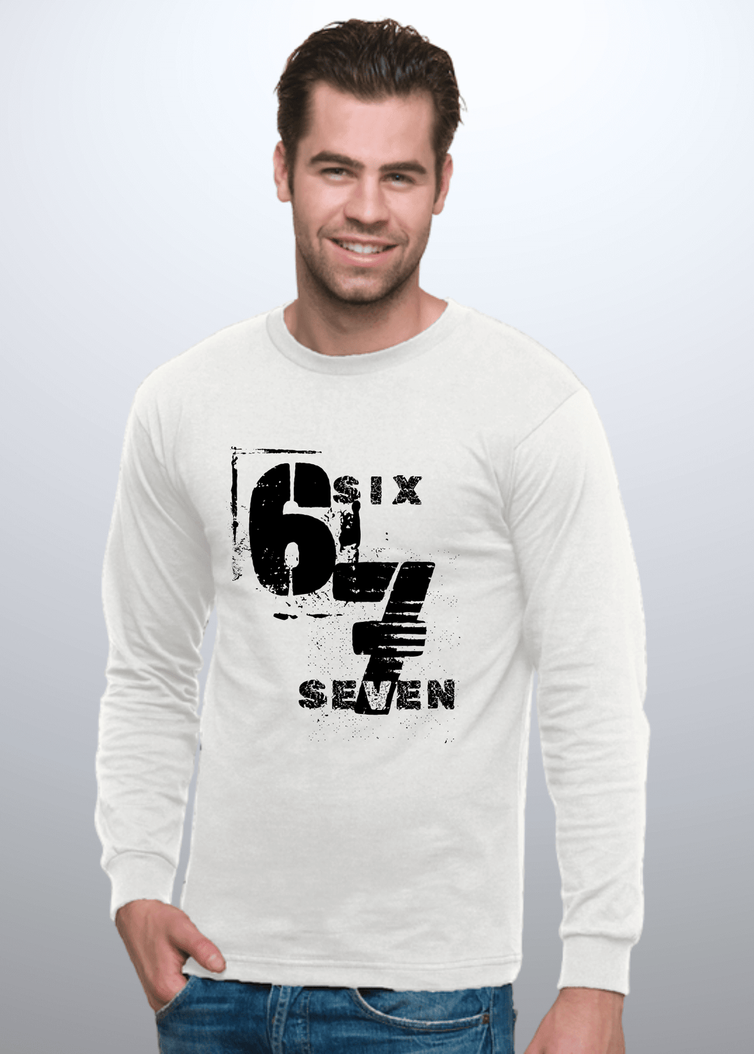 Bring some retro cool to your wardrobe with this USA Made 6-7 Distressed Graphic Long Sleeve Tee. The edgy black graphic pops against the clean white base