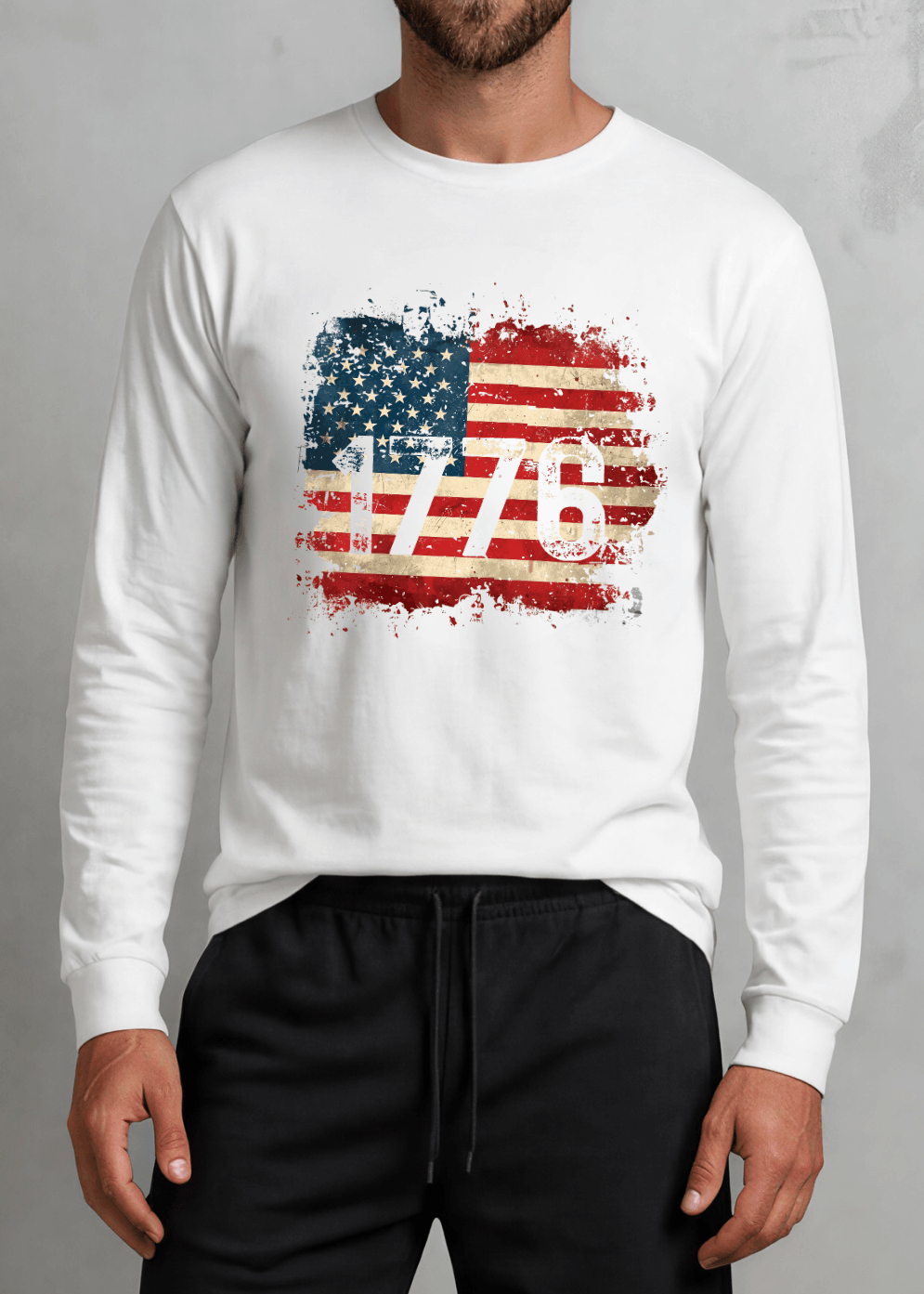 1776 Distressed American Flag Men's White Long Sleeve T-Shirt Patriotic Made in USA 4th of July