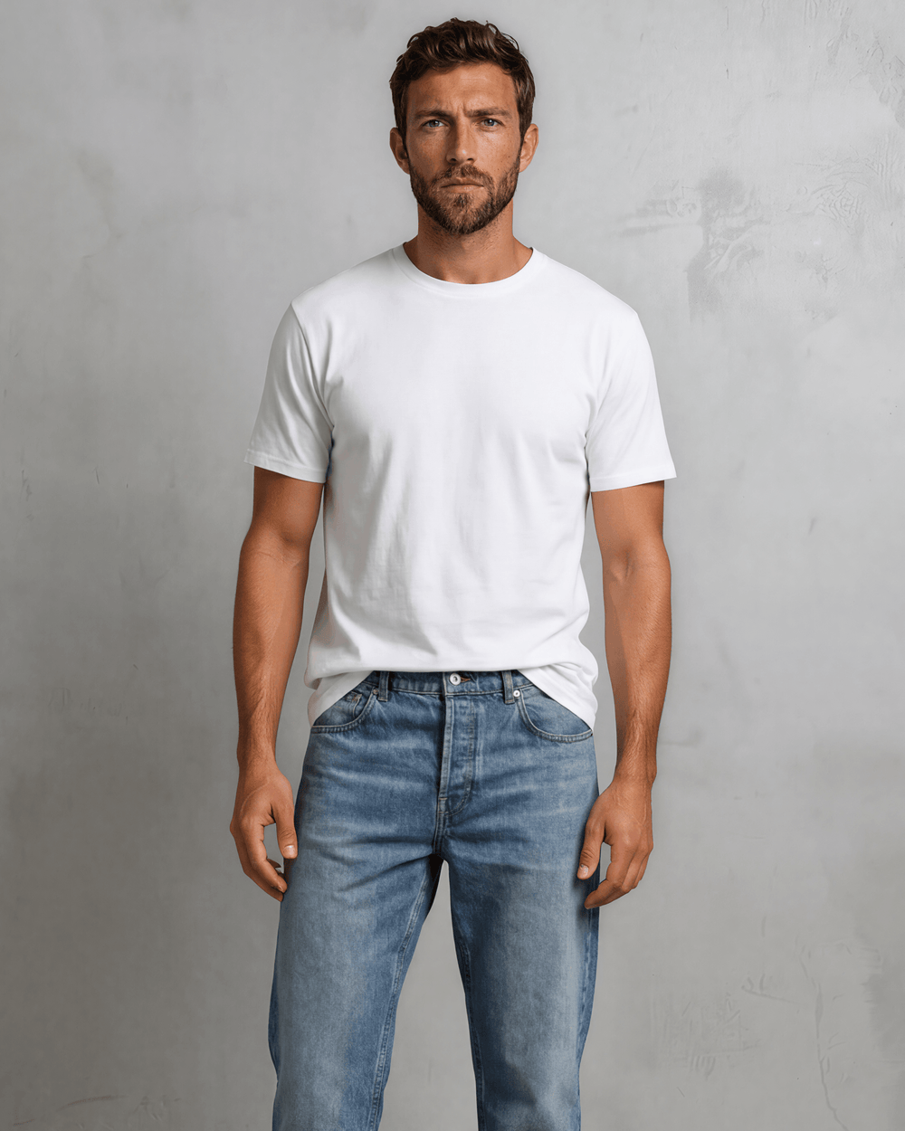 Men's classic white crew neck tee made in USA with 100% USA-grown pre-shrunk cotton. Semi-fitted, super soft, 4.2 oz. Sizes S–3XL.