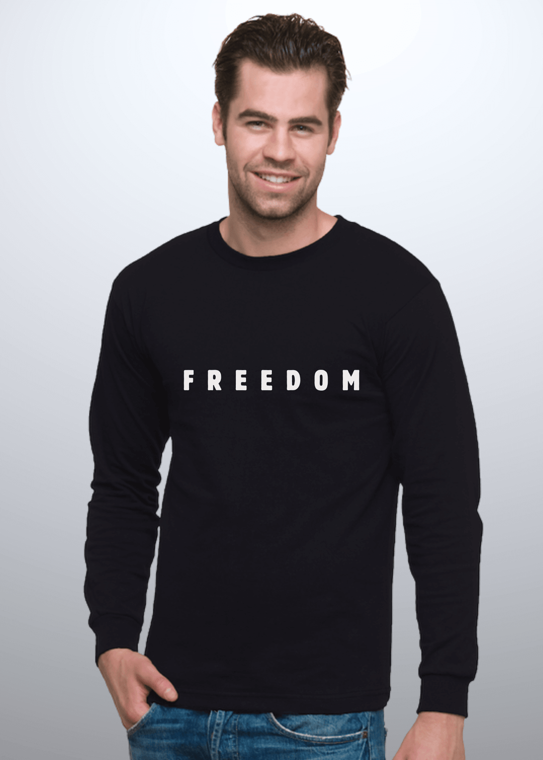 Made in USA with 100% USA Harvested Cotton, This Men's Long Sleeve FREEDOM Graphic White T-Shit with have you feeling patriotic