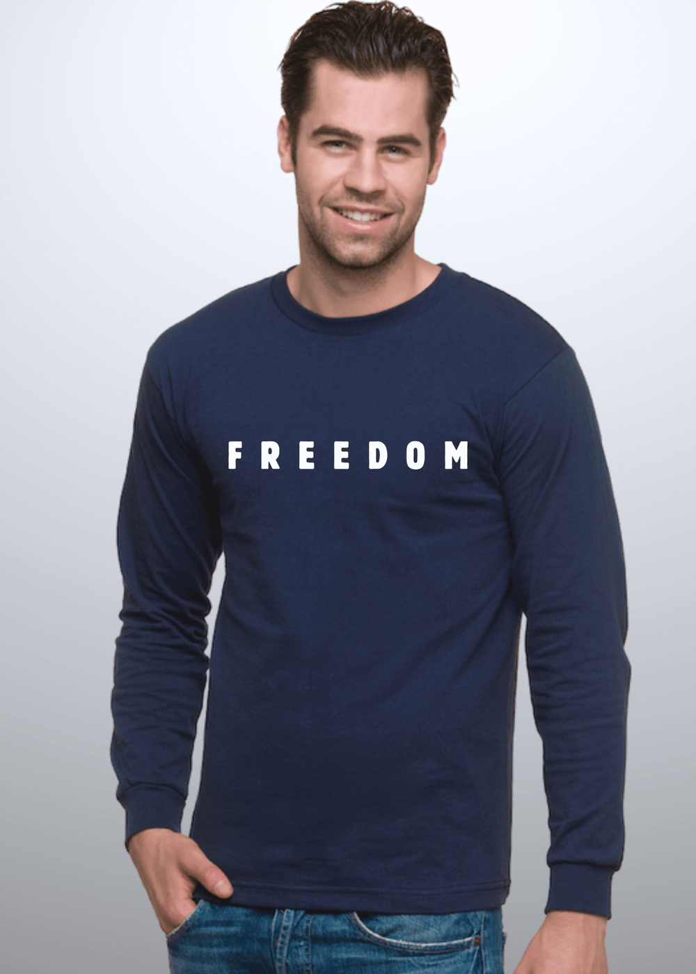 Made in USA with 100% USA Harvested Cotton, This Men's Long Sleeve FREEDOM Graphic White T-Shit with have you feeling patriotic