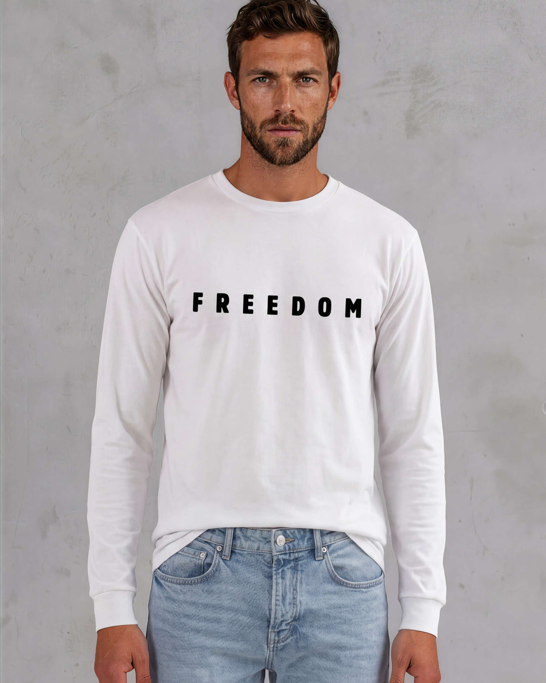 Made in USA with 100% USA Harvested Cotton, This Men's Long Sleeve FREEDOM Graphic White T-Shit with have you feeling patriotic