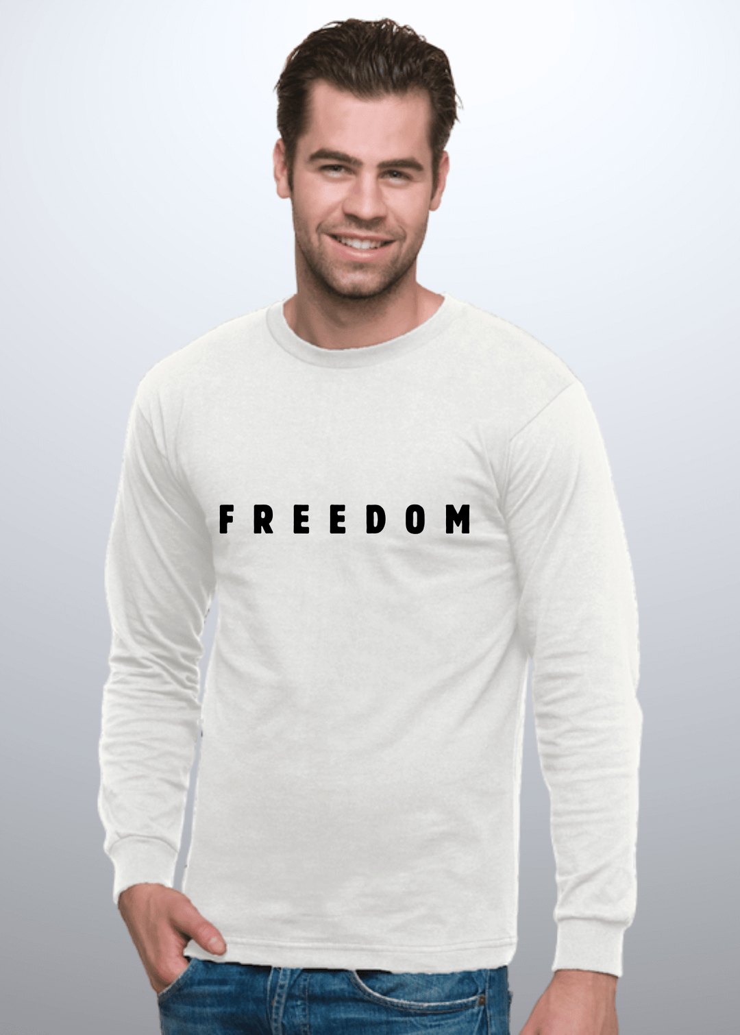 Made in USA with 100% USA Harvested Cotton, This Men's Long Sleeve FREEDOM Graphic White T-Shit with have you feeling patriotic