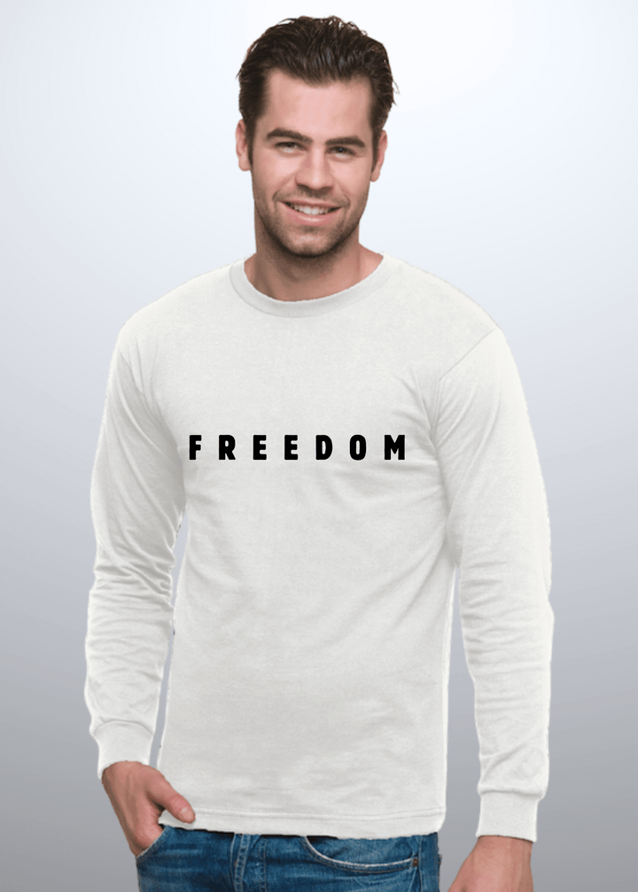Made in USA with 100% USA Harvested Cotton, This Men's Long Sleeve FREEDOM Graphic White T-Shit with have you feeling patriotic