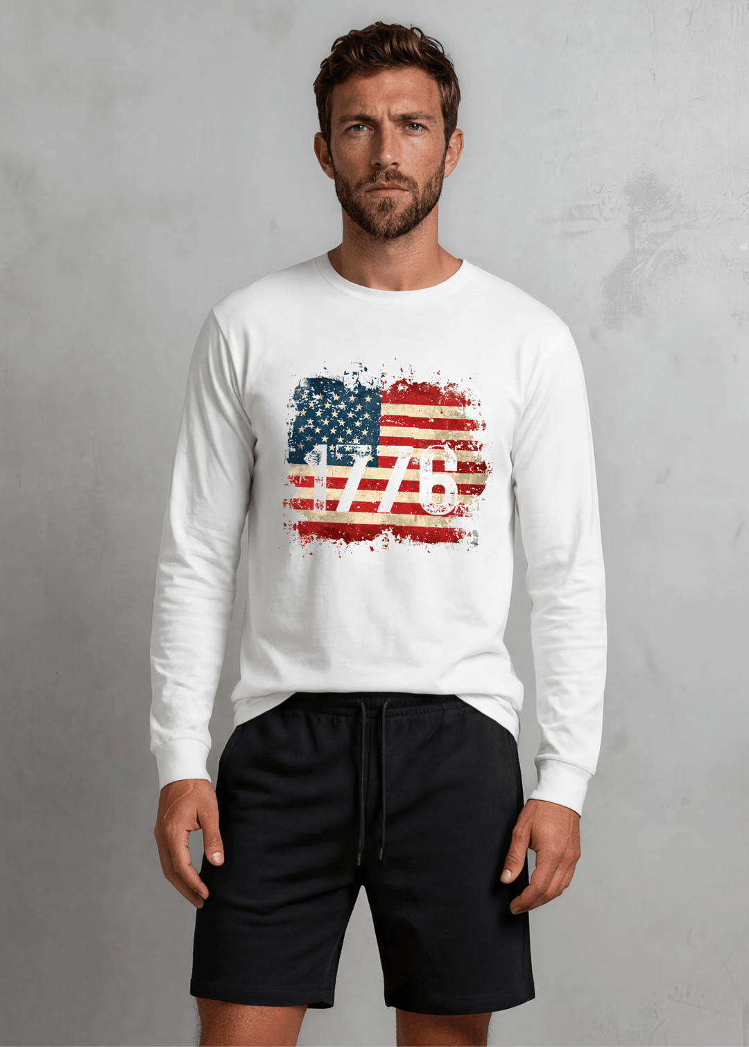 1776 Distressed American Flag Long Sleeve Tee — Made in USA with USA Cotton. Bold vintage flag graphic on white, 100% pre-shrunk cotton. Perfect for 4th of July.