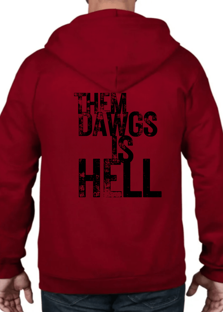 Show your Bulldog pride with this iconic Georgia Dawgs hoodie, featuring bold distressed graphics that capture the spirit of Sanford Stadium. The front chest displays "How 'Bout Them Dawgs" while the back proclaims "Them Dawgs is Hell"—authentic statements every true fan knows by heart. Constructed in the USA from premium 100% combed ring spun organic cotton fleece