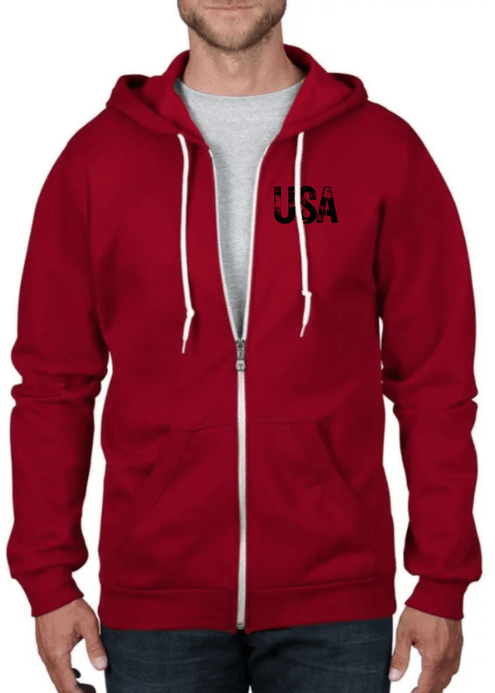 Crafted in the USA from 100% combed ring spun organic cotton fleece hoodie, the front features a striking "USA" graphic, the back displays "WE THE PEOPLE" with Distressed American Flag