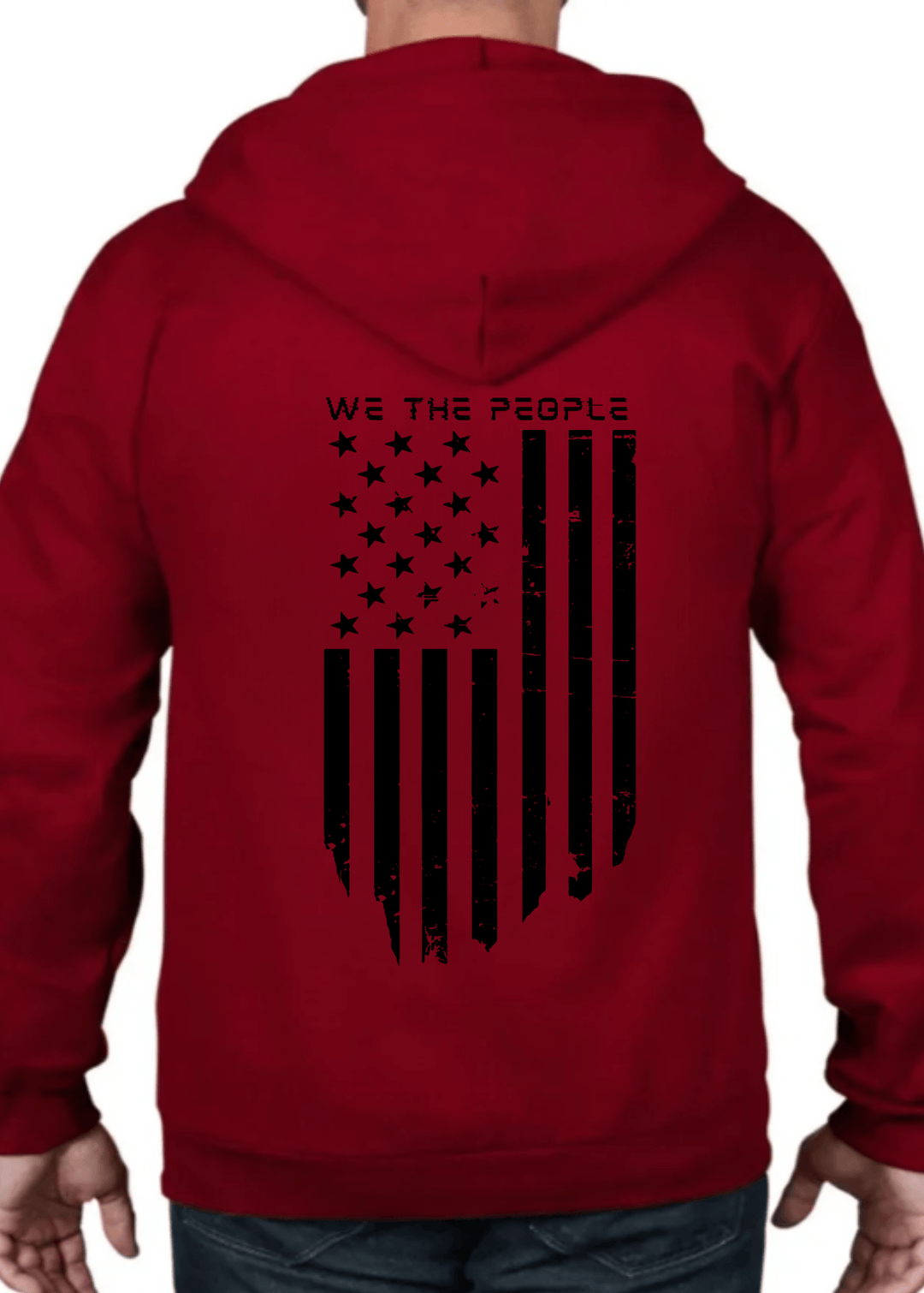 Crafted in the USA from 100% combed ring spun organic cotton fleece hoodie, the front features a striking "USA" graphic, the back displays "WE THE PEOPLE" with Distressed American Flag