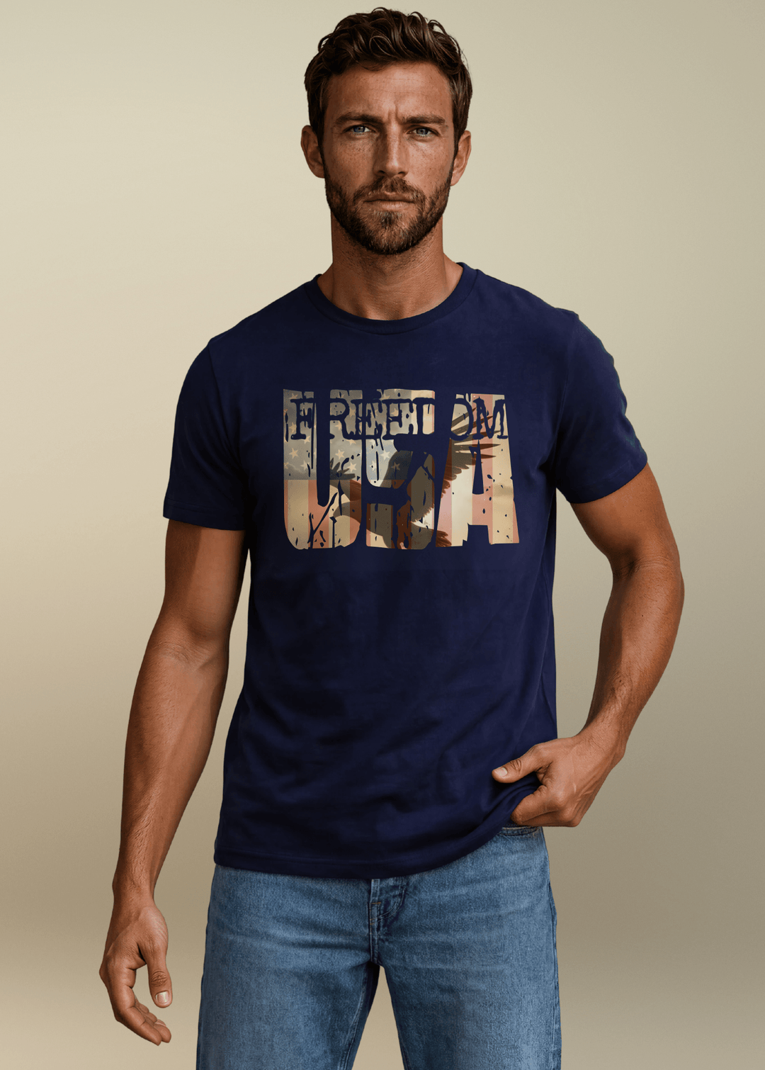 Men's Navy T-Shirt,  Bold patriotic tee featuring a USA block letter graphic with a bald eagle & FREEDOM cut-out design. Relaxed fit, 100% cotton, made in USA.