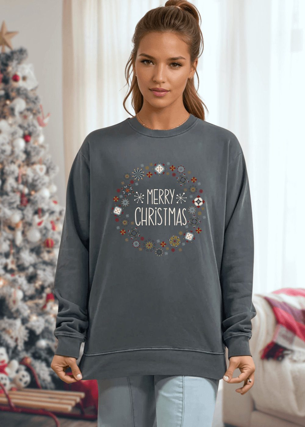 Celebrate the season in comfort with this heavyweight pigment-dyed cotton sweatshirt, featuring a festive "Merry Christmas" wreath graphic in rich evergreen. Crafted from 100% cotton with a relaxed, loose fit and crew neck, it's designed for all-day coziness without compromise. 