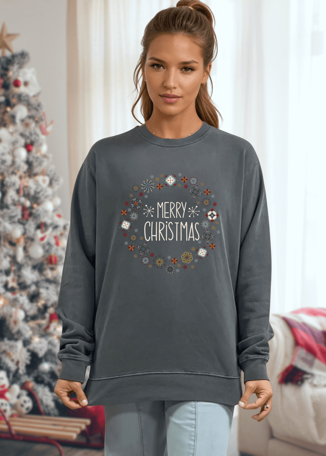 Celebrate the season in comfort with this heavyweight pigment-dyed cotton sweatshirt, featuring a festive "Merry Christmas" wreath graphic in rich evergreen. Crafted from 100% cotton with a relaxed, loose fit and crew neck, it's designed for all-day coziness without compromise. 