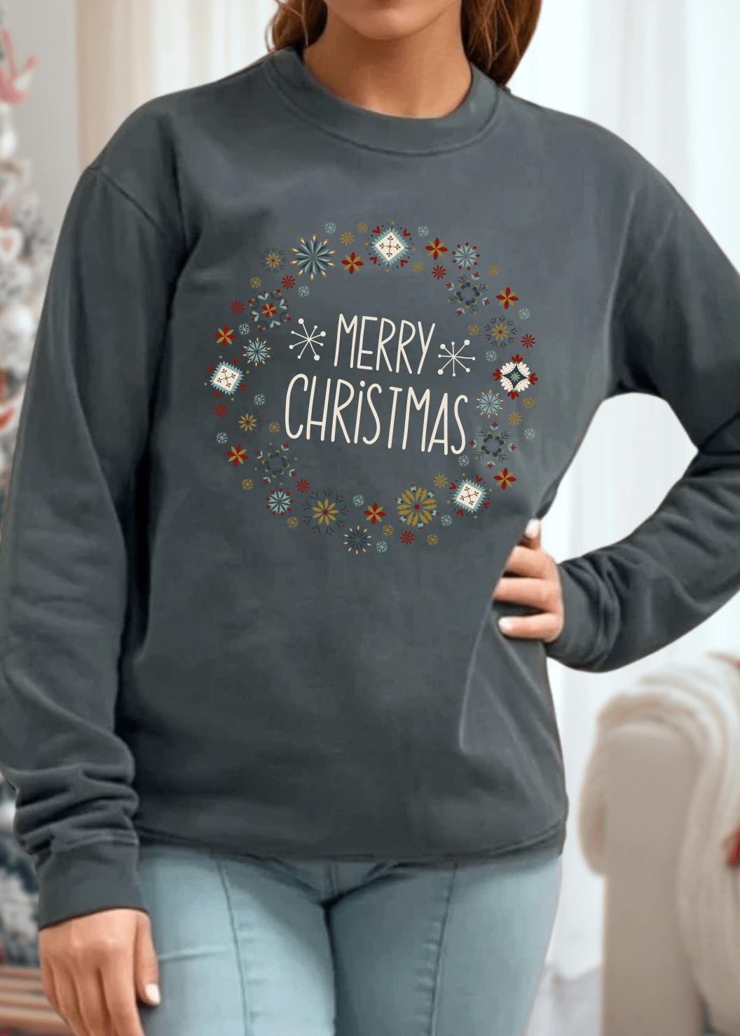 Celebrate the season in comfort with this heavyweight pigment-dyed cotton sweatshirt, featuring a festive "Merry Christmas" wreath graphic in rich evergreen. Crafted from 100% cotton with a relaxed, loose fit and crew neck, it's designed for all-day coziness without compromise. 