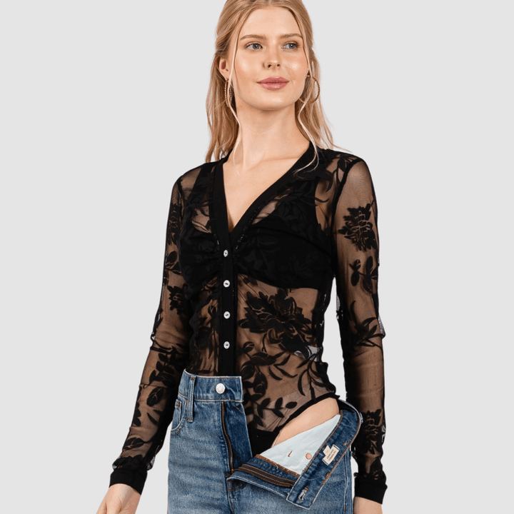 Made in USA Women's Black Floral Lace Button Down V-Neck Sheer Bodysuit with Snap Opening Crotch, Soft Stretchy Material