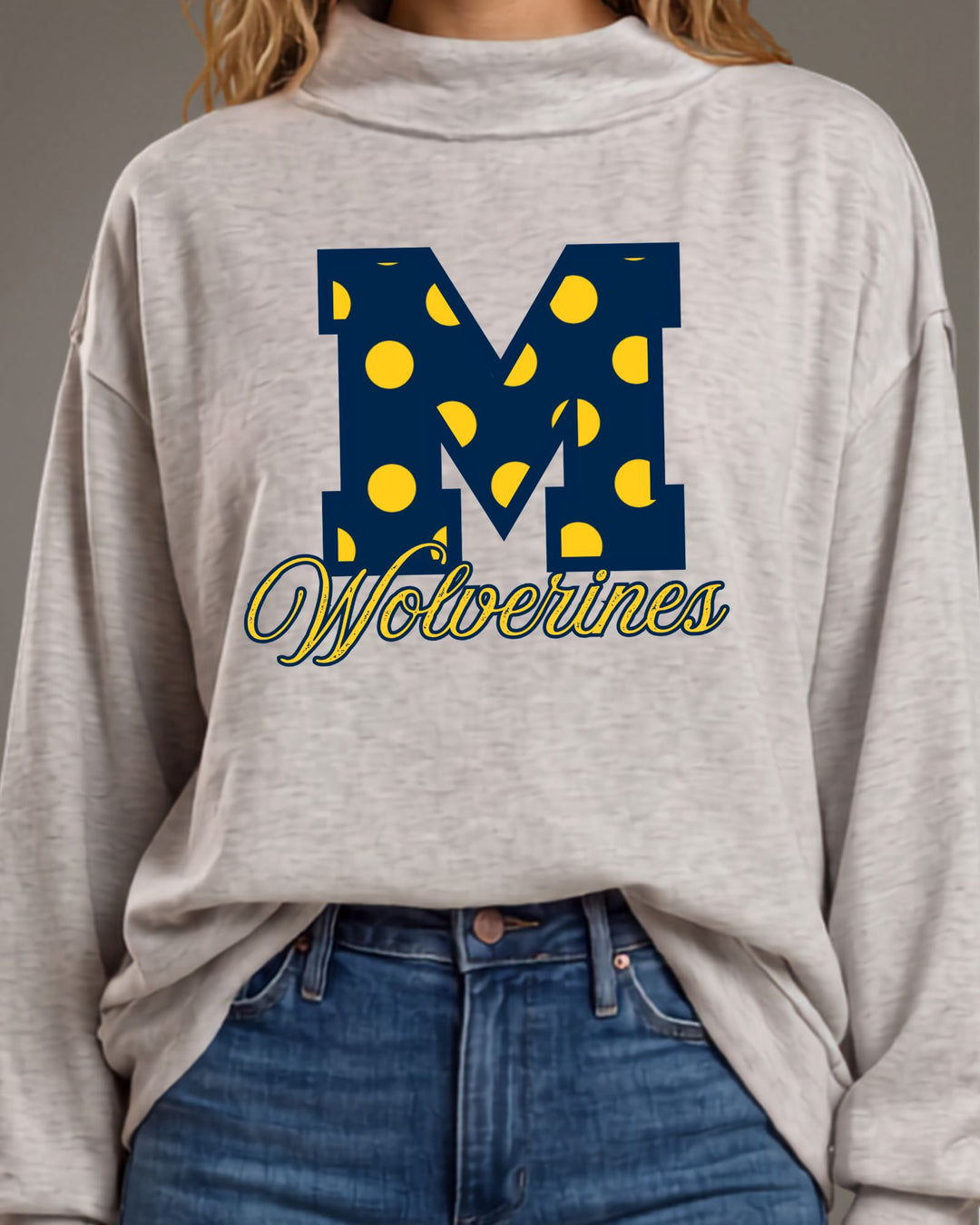 Michigan Wolverines gameday polka dot graphic mock neck sweatshirt in heather grey. Oversized, super soft, made in USA. Perfect gameday top. Sizes S–L.